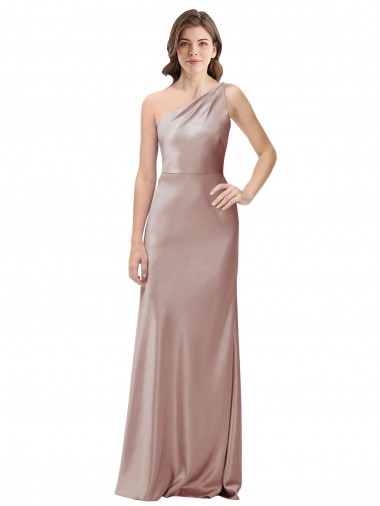 Sem Mangas Um Ombro Cetim Elástico Rosa Empoeirado Comprimento Chão Vestidos de Madrinha / Vestidos de Noite / Vestidos de Festa Mais Barato