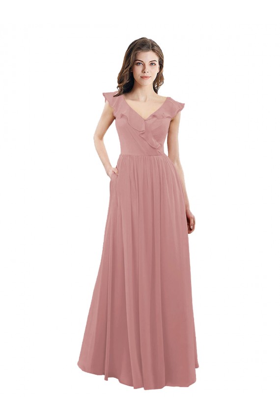 Mangas Curtas Decote V Chiffon Rosa Empoeirado Comprimento Chão Vestidos de Madrinha Mais Barato