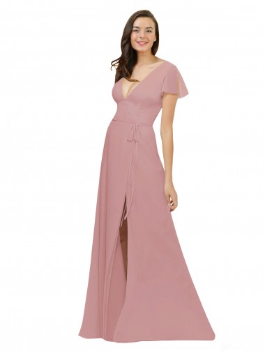 Mangas Esvoaçantes Decote V Chiffon Rosa Empoeirado Comprimento Chão Vestidos de Madrinha Mais Barato