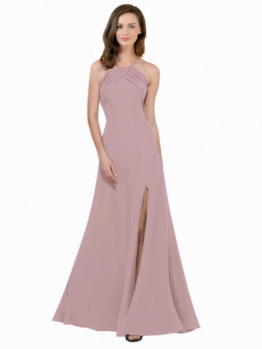 Sem Mangas Decote Alto Crepe Esticado Rosa Empoeirado Comprimento Chão Longo Vestidos de Madrinha / Vestidos de Festa Mais Barato