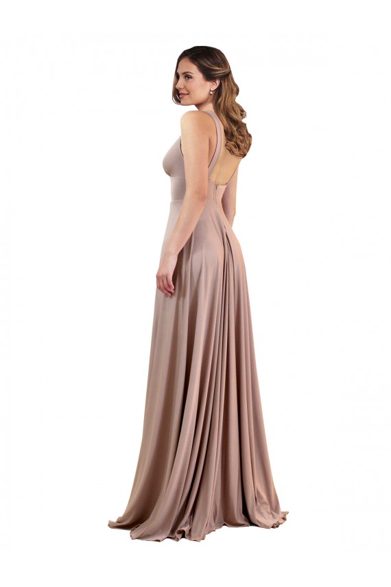 Sem Mangas Decote V Spandex Rosa Empoeirado Comprimento Chão Longo Vestidos de Madrinha / Vestidos de Noite / Vestidos de Festa Mais Barato