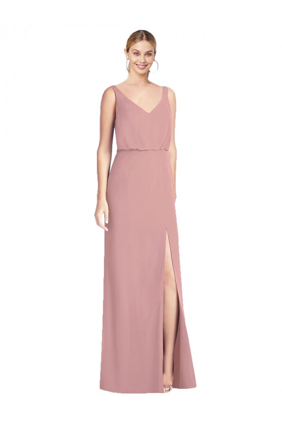 Sem Mangas Decote V Chiffon Rosa Empoeirado Comprimento Chão Vestidos de Madrinha Mais Barato