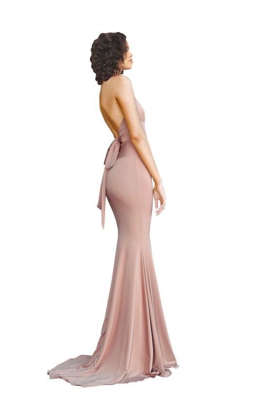 Sem Mangas Decote V Spandex Rosa Empoeirado Comprimento Chão Vestidos de Madrinha / Vestidos de Noite / Vestidos de Festa Mais Barato