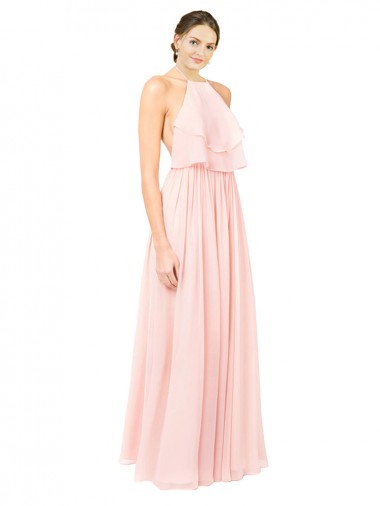 Sem Mangas Cabeçada Chiffon Rosa Comprimento Chão Vestidos de Madrinha Mais Barato