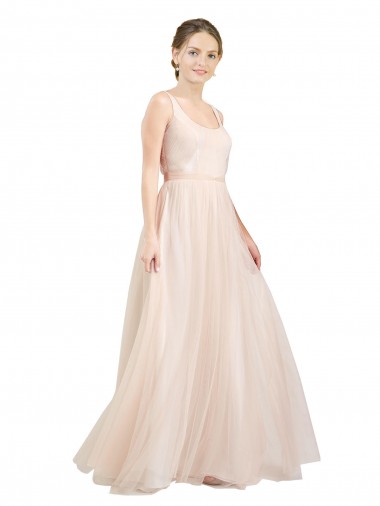 Sem Mangas Colher Tule Rosa Comprimento Chão Vestidos de Madrinha Mais Barato