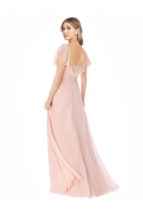 Mangas Curtas Decote Quadrado Chiffon Rosa Comprimento Chão Vestidos de Madrinha Mais Barato