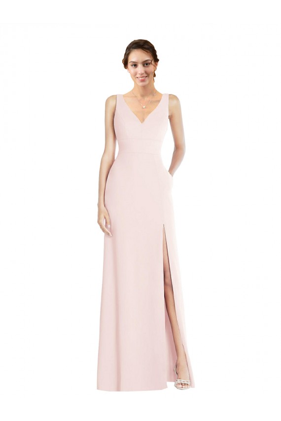 Sem Mangas Decote V Crepe Esticado Rosa Comprimento Chão Lombar Longo Vestidos de Madrinha / Vestidos de Festa Mais Barato