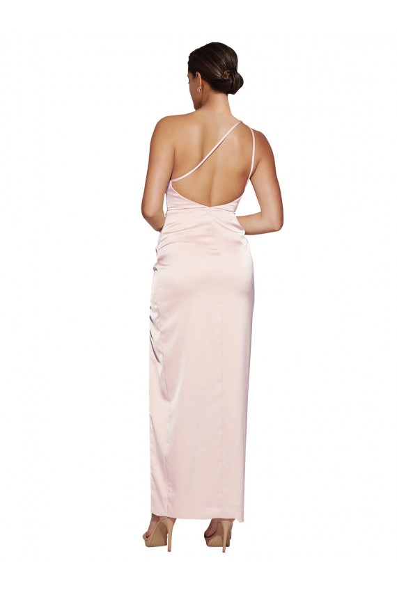 Sem Mangas Um Ombro Cetim Sedoso Rosa Comprimento Chão Vestidos de Madrinha / Vestidos de Festa Mais Barato