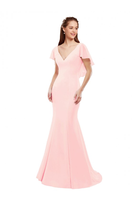 Mangas Esvoaçantes Decote V Chiffon Rosa Comprimento Chão Longo Vestidos de Madrinha Mais Barato