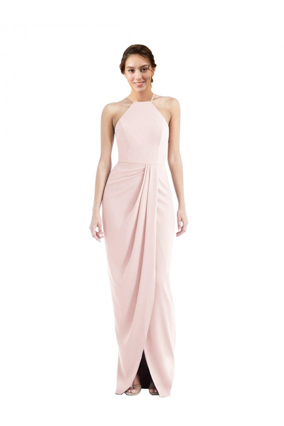 Sem Mangas Cabeçada Crepe Esticado Rosa Comprimento Chão Vestidos de Madrinha / Vestidos de Festa Mais Barato