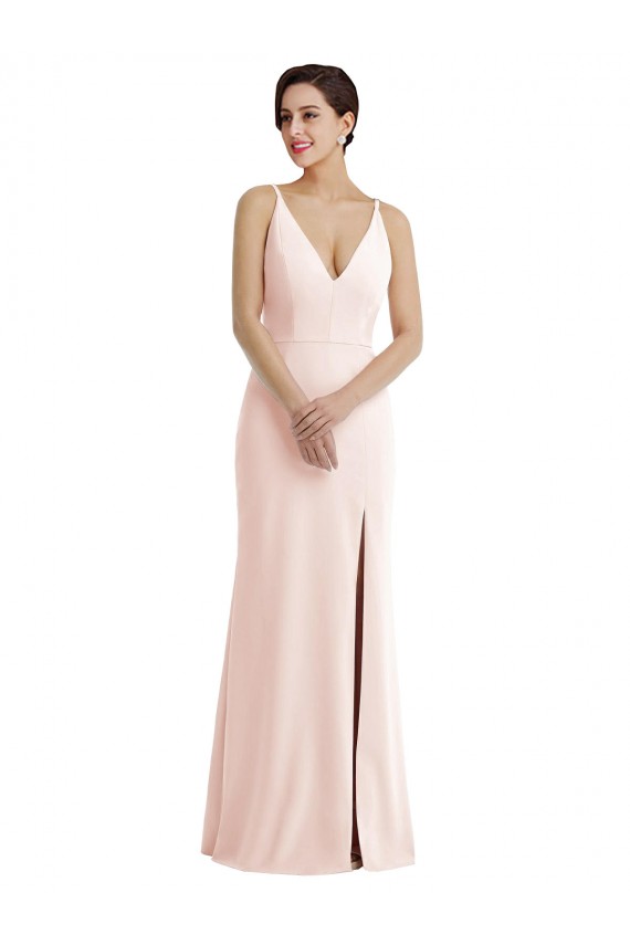 Sem Mangas Decote V Crepe Esticado Rosa Comprimento Chão Longo Vestidos de Madrinha / Vestidos de Noite / Vestidos de Festa Mais Barato