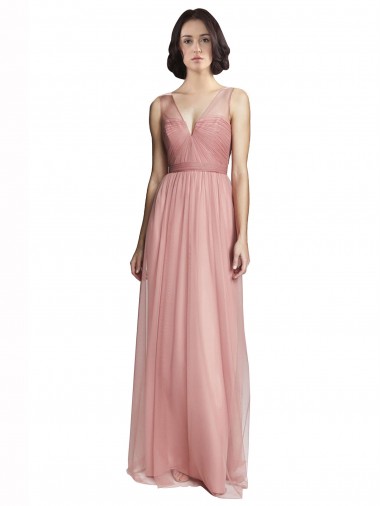 Sem Mangas Decote V Tule Rose Rosa Comprimento Chão Vestido de Madrinha Mais Barato