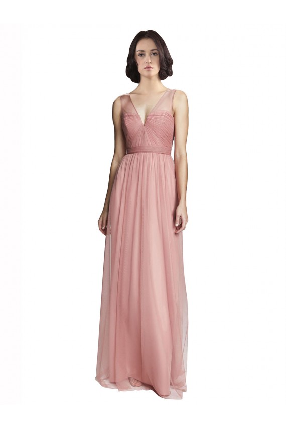 Sem Mangas Decote V Tule Rose Rosa Comprimento Chão Vestido de Madrinha Mais Barato