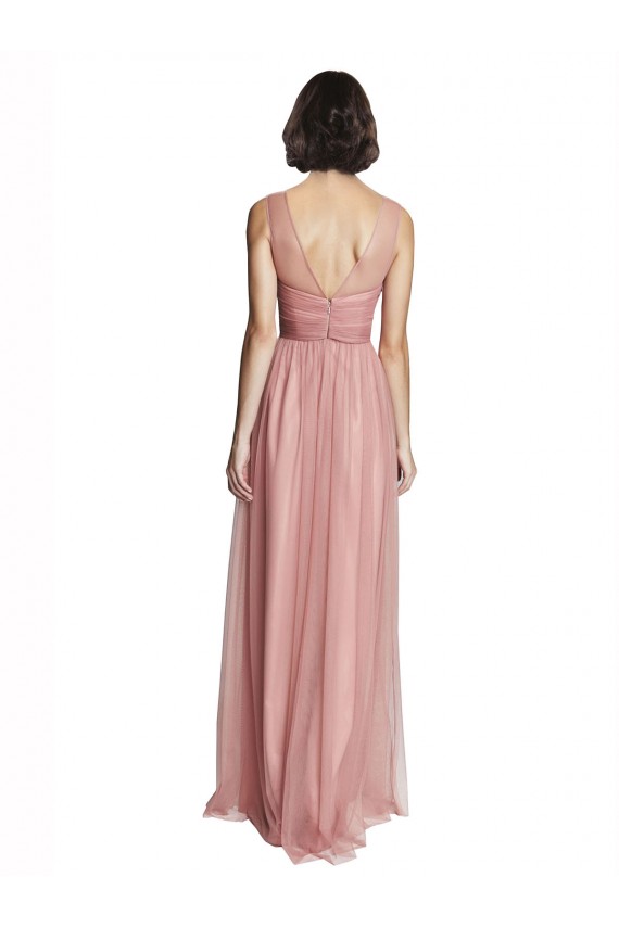 Sem Mangas Decote V Tule Rose Rosa Comprimento Chão Vestido de Madrinha Mais Barato