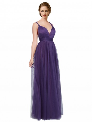 Sem Mangas Barco Tule Roxo Comprimento Chão Vestidos de Madrinha Mais Barato