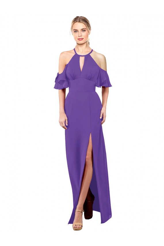Mangas Folhos Cabeçada Chiffon Roxo Comprimento Chão Vestidos de Madrinha Mais Barato