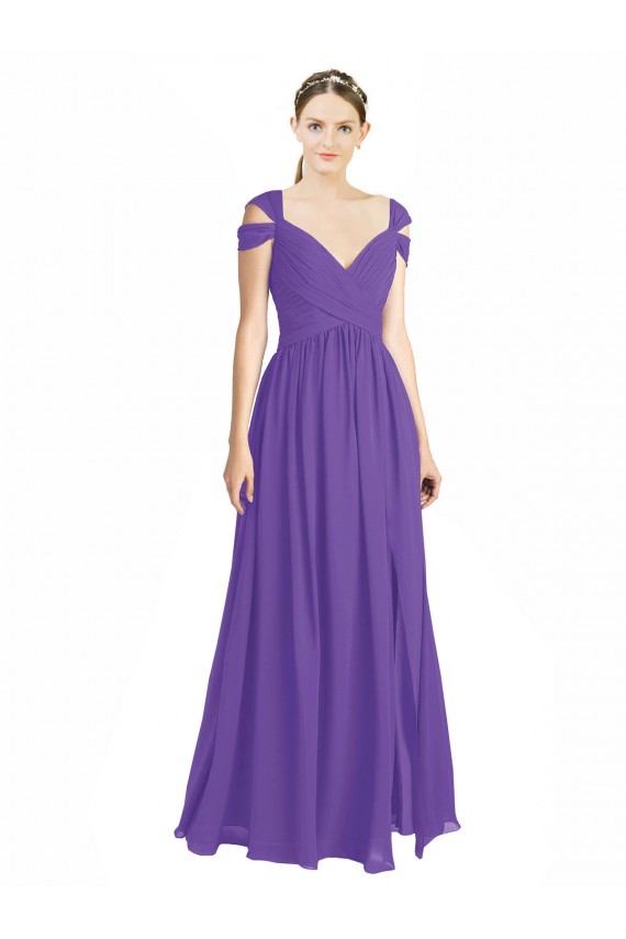 Mangas Curtas Amor Chiffon Roxo Comprimento Chão Vestidos de Madrinha Mais Barato