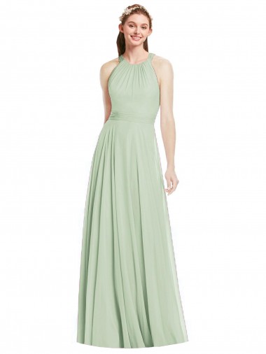 Sem Mangas Cabeçada Chiffon Sábio Comprimento Chão Vestidos de Madrinha Mais Barato