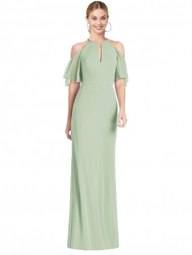 Ombro Frio Cabeçada Chiffon Sábio Comprimento Chão Vestidos de Madrinha Mais Barato