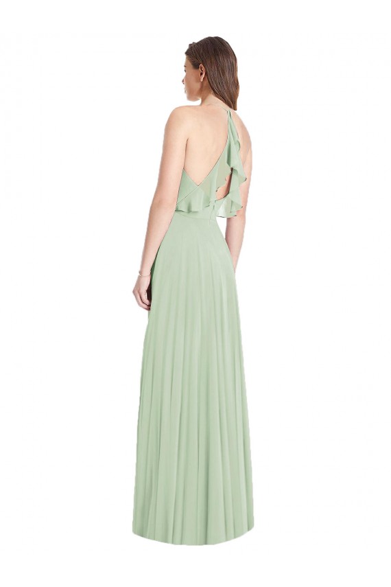 Ombro Frio Decote V Chiffon Sábio Comprimento Chão Vestidos de Madrinha Mais Barato