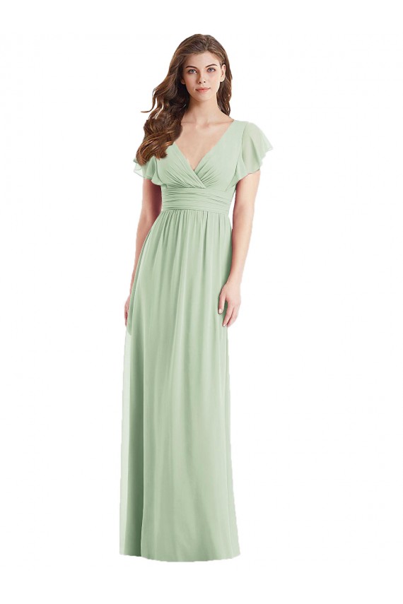 Mangas Esvoaçantes Decote V Chiffon Sábio Comprimento Chão Vestidos de Madrinha Mais Barato