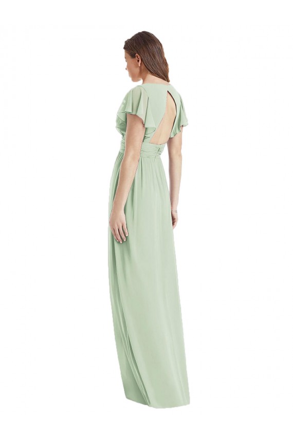 Mangas Esvoaçantes Decote V Chiffon Sábio Comprimento Chão Vestidos de Madrinha Mais Barato