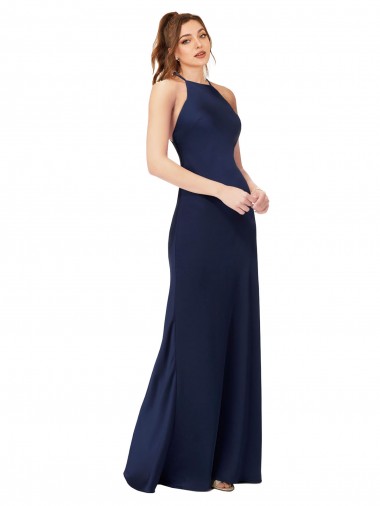 Sem Mangas Decote Alto Cetim Sedoso Safira Comprimento Chão Longo Vestidos de Madrinha / Vestidos de Noite / Vestidos de Festa Mais Barato