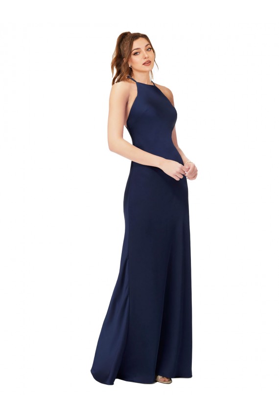 Sem Mangas Decote Alto Cetim Sedoso Safira Comprimento Chão Longo Vestidos de Madrinha / Vestidos de Noite / Vestidos de Festa Mais Barato