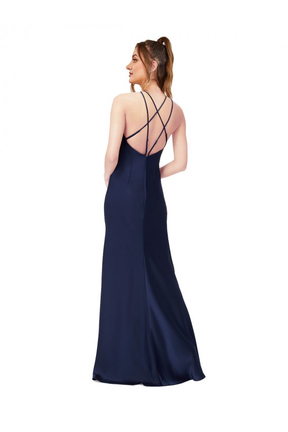 Sem Mangas Decote Alto Cetim Sedoso Safira Comprimento Chão Longo Vestidos de Madrinha / Vestidos de Noite / Vestidos de Festa Mais Barato