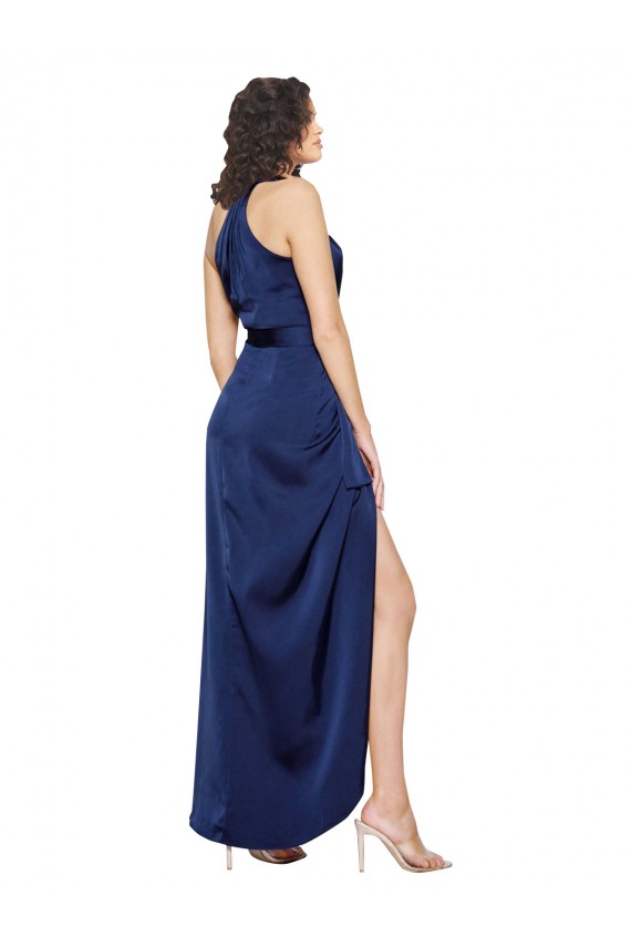 Sem Mangas Decote Alto Cetim Sedoso Safira Alto Baixo Vestidos de Madrinha / Vestidos de Noite / Vestidos de Festa Mais Barato