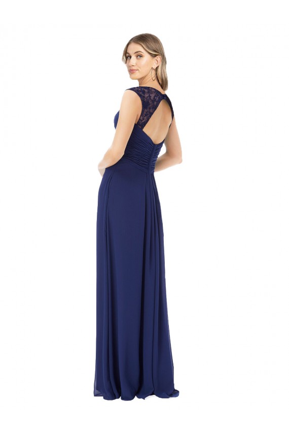 Mangas Curtas Decote V Chiffon Safira Comprimento Chão Vestidos de Madrinha Mais Barato