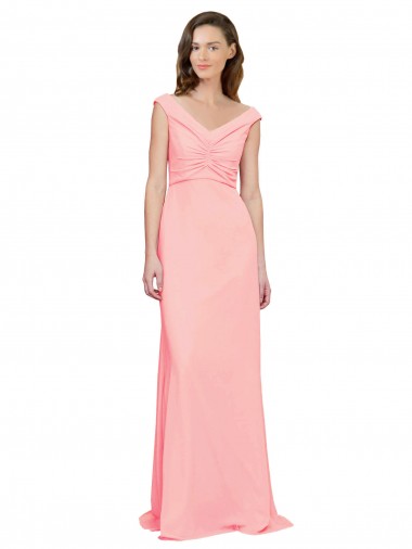 Sem Mangas Decote V Chiffon Salmão Comprimento Chão Vestidos de Madrinha Mais Barato