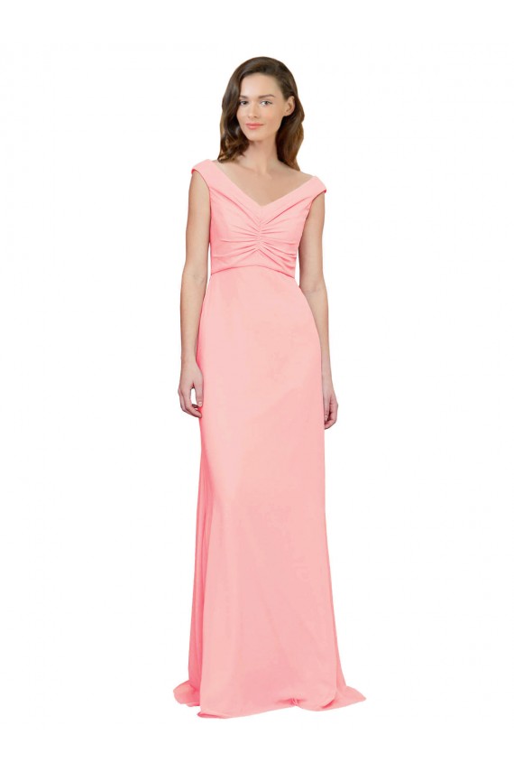 Sem Mangas Decote V Chiffon Salmão Comprimento Chão Vestidos de Madrinha Mais Barato