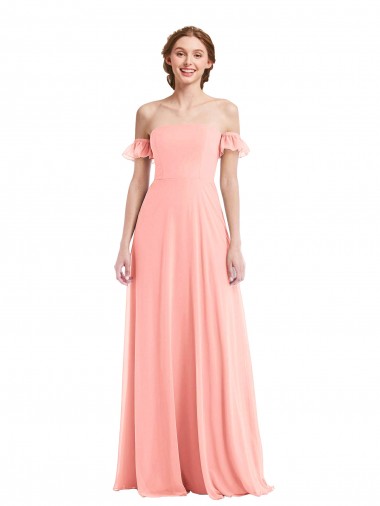 Mangas Esvoaçantes Fora do Ombro Chiffon Salmão Comprimento Chão Vestidos de Madrinha Mais Barato