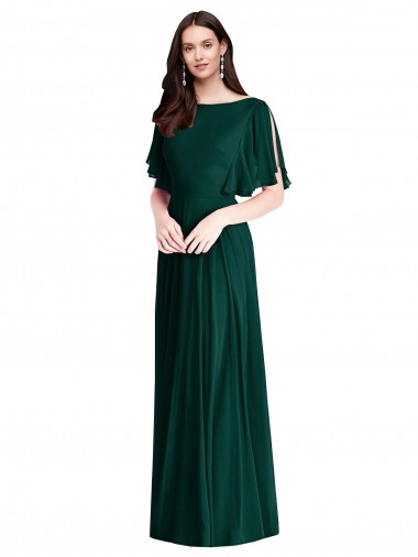 Mangas Sino Barco Chiffon Sempre Verde Comprimento Chão Vestidos de Madrinha Mais Barato