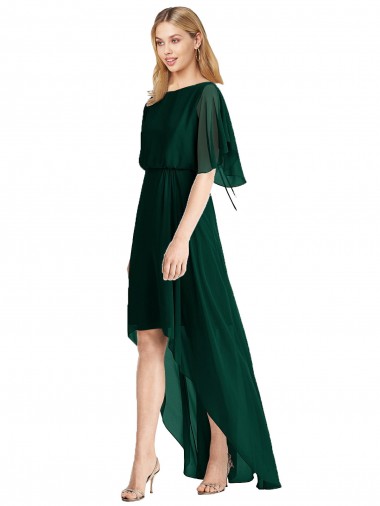 Mangas Esvoaçantes Decote redondo Chiffon Sempre Verde Alto Baixo Alto Baixo, Vestidos de Madrinha Mais Barato