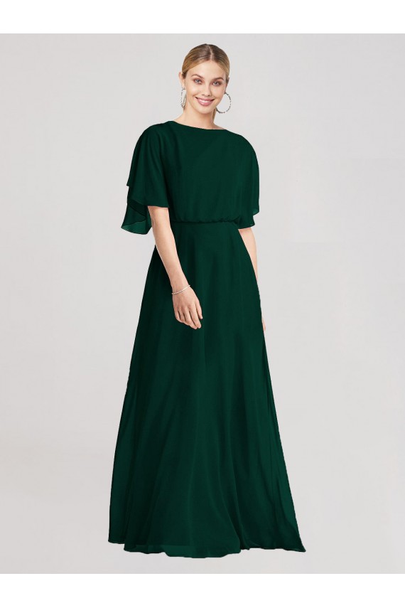 Mangas Esvoaçantes Decote redondo Chiffon Sempre Verde Comprimento Chão Vestidos de Madrinha Mais Barato