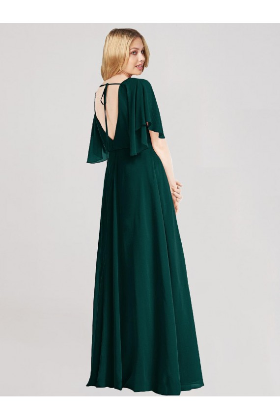 Mangas Esvoaçantes Decote redondo Chiffon Sempre Verde Comprimento Chão Vestidos de Madrinha Mais Barato