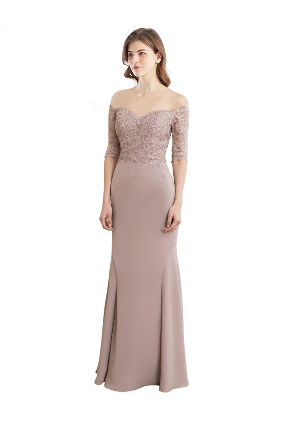 Mangas 1/2 Decote Alto Chiffon & Renda Comprimento Chão Vestidos de Madrinha Mais Barato