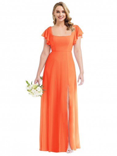 Mangas Esvoaçantes Decote Quadrado Chiffon Tango Tangerina Comprimento Chão Vestidos de Madrinha Mais Barato
