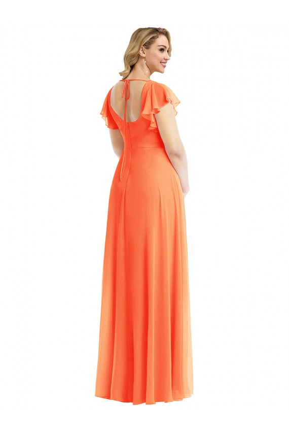 Mangas Esvoaçantes Decote Quadrado Chiffon Tango Tangerina Comprimento Chão Vestidos de Madrinha Mais Barato