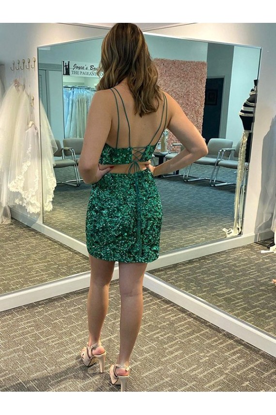 Sem Mangas Decote V Lantejoulas Veludo Trevo Verde Curto Vestidos de Festa Mais Barato