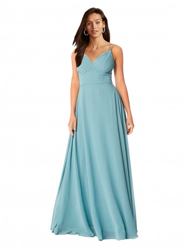 Sem Mangas Decote V Chiffon Turquesa Comprimento Chão Vestidos de Madrinha Mais Barato