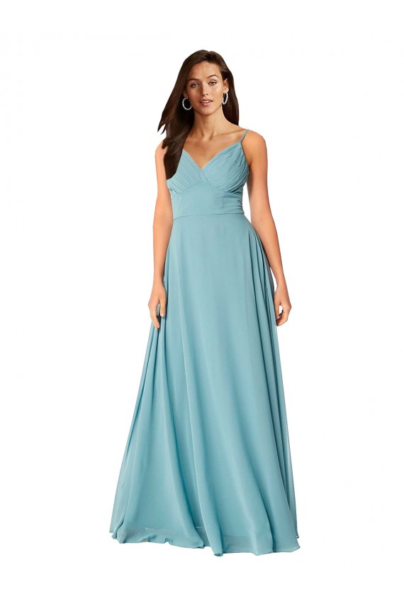 Sem Mangas Decote V Chiffon Turquesa Comprimento Chão Vestidos de Madrinha Mais Barato