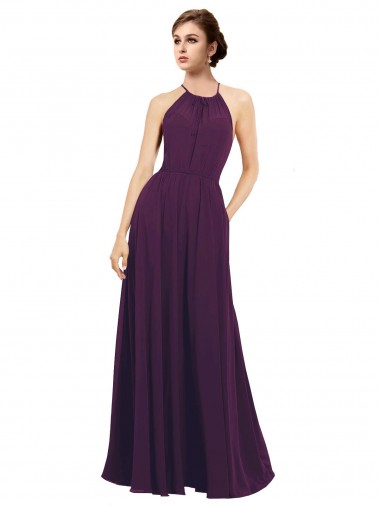 Sem Mangas Cabeçada Chiffon Uva Comprimento Chão Vestido de Festa / Vestido de Madrinha Mais Barato