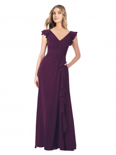 Mangas Curtas Decote V Chiffon Uva Comprimento Chão Vestidos de Madrinha Mais Barato