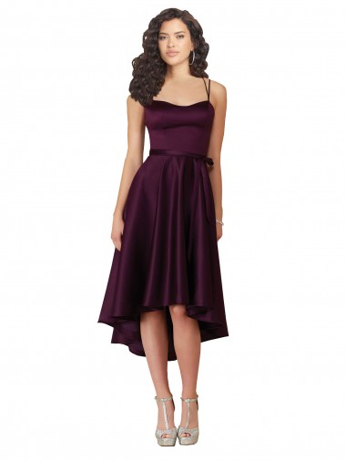 Sem Mangas Colher Neck Cetim Uva Alto Baixo Vestidos de Madrinha / Vestidos de Festa Mais Barato