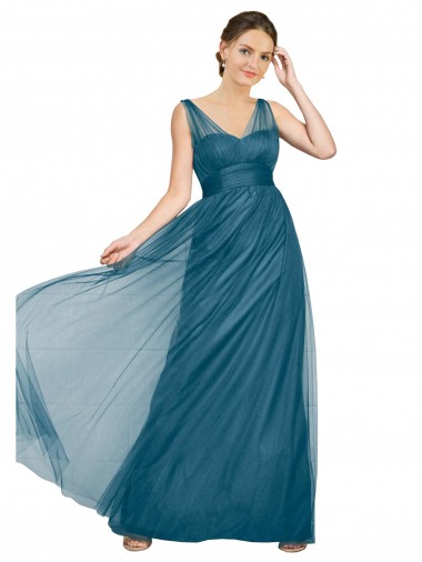 Sem Mangas Decote V Tule Verde Azulado Comprimento Chão Vestidos de Madrinha Mais Barato