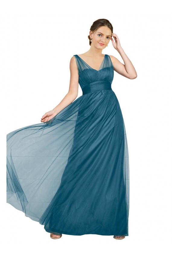 Sem Mangas Decote V Tule Verde Azulado Comprimento Chão Vestidos de Madrinha Mais Barato