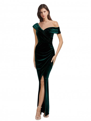 Sem Mangas Amor Veludo Elástico Verde Escuro Alto Baixo Vestidos de Madrinha / Vestidos de Noite / Vestidos de Festa Mais Barato